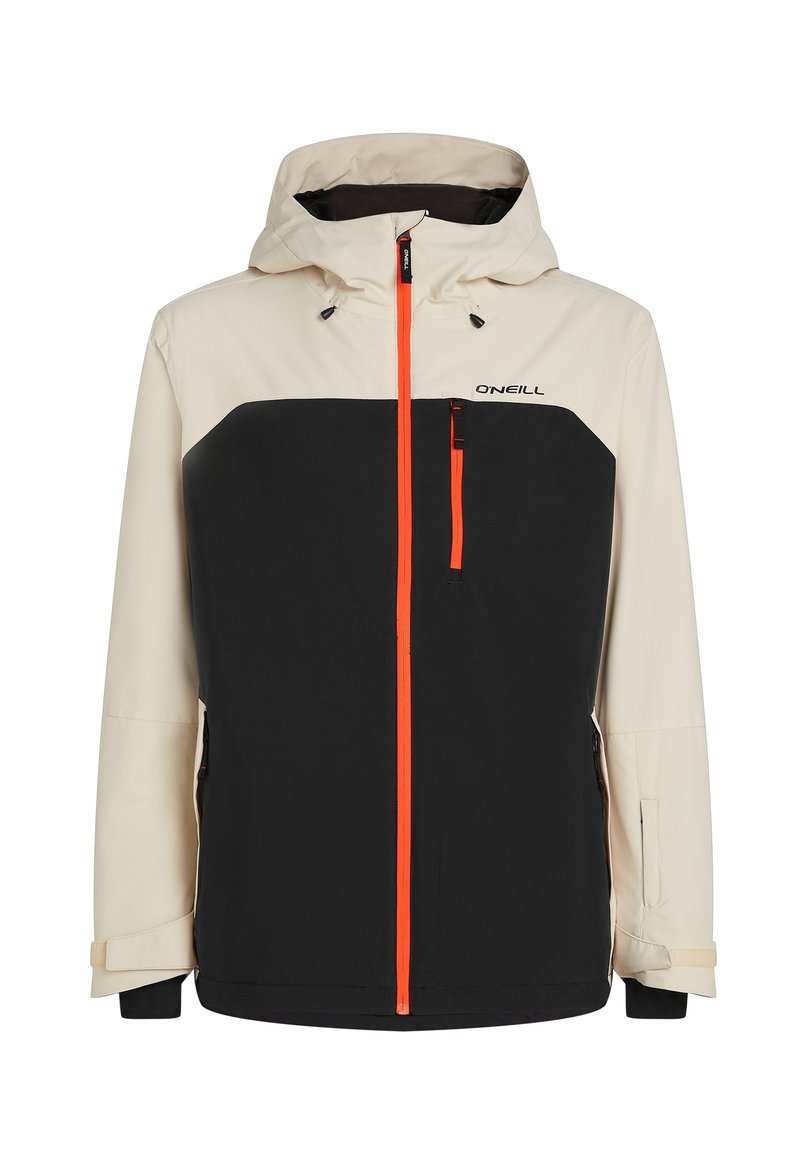 Skijacke in Creme und Schwarz mit einem orangefarbenen Reißverschluss. Verfügt über eine Kapuze, eine Reißverschlusstasche auf der Brust und verstellbare Bündchen für einen sicheren Sitz.