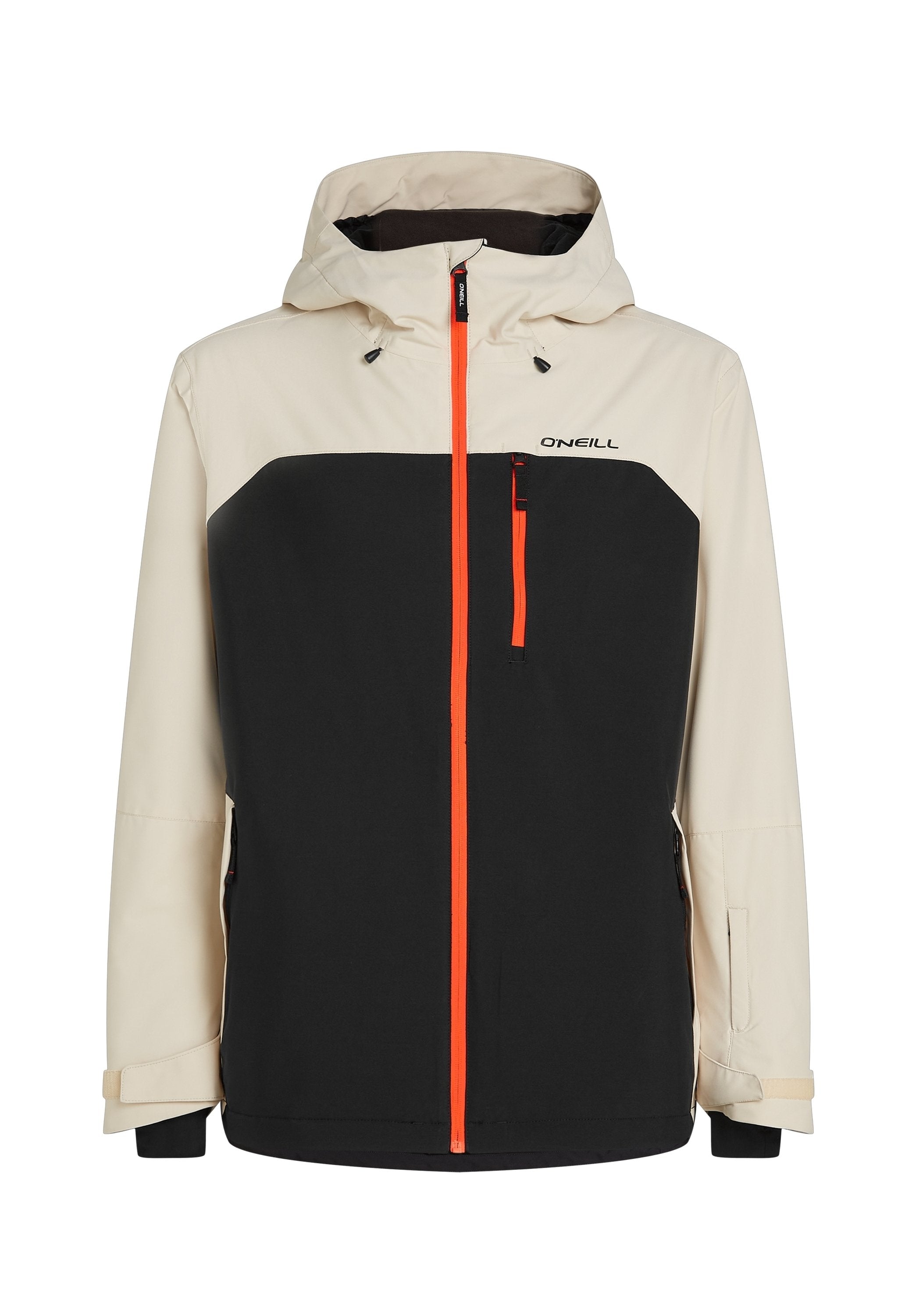 Skijacke in Creme und Schwarz mit einem orangefarbenen Reißverschluss. Verfügt über eine Kapuze, eine Reißverschlusstasche auf der Brust und verstellbare Bündchen für einen sicheren Sitz.