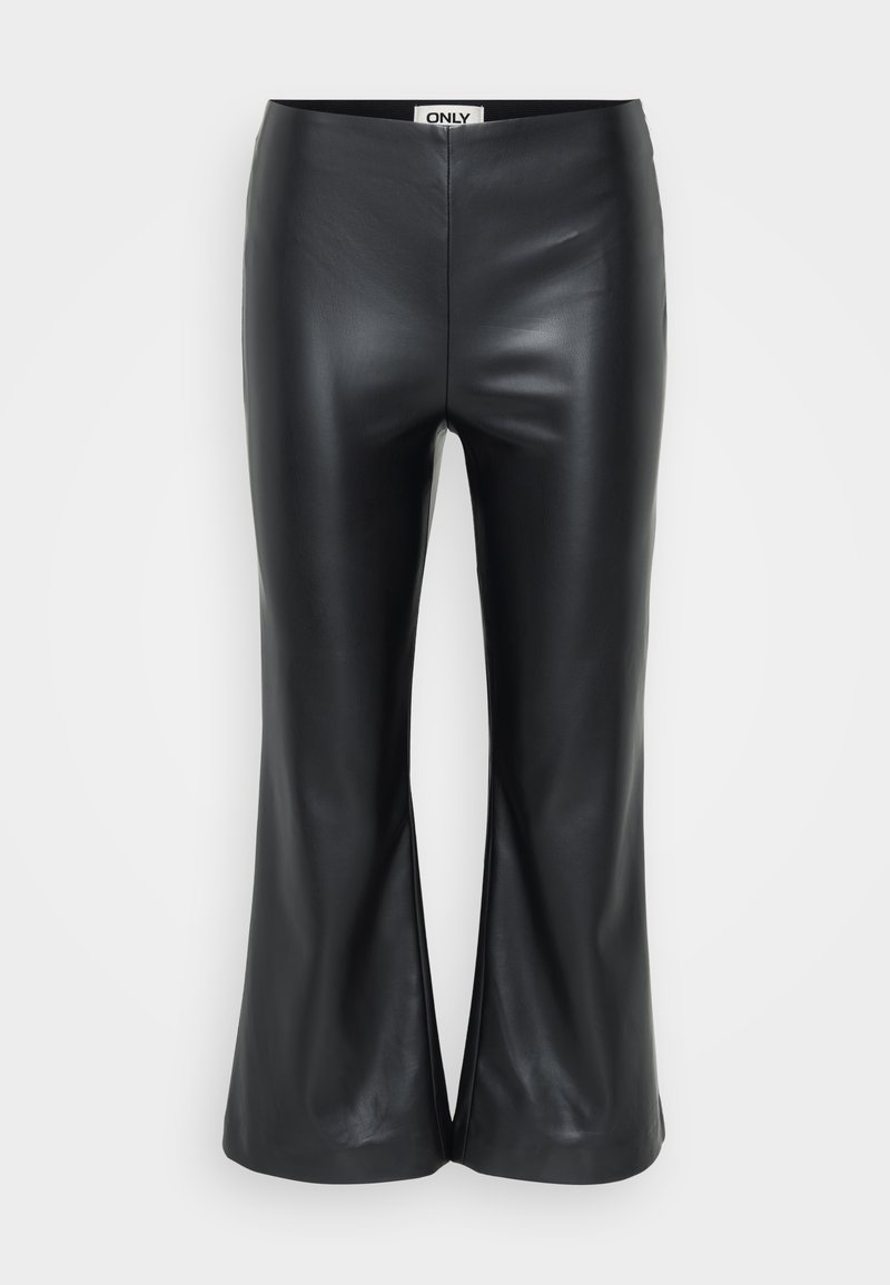 Schwarze, kunstlederne, weit ausgestellte Hosen mit glatter Textur. Mit hoher Taille und Schlitzen am Saum für eine lockere Passform. Markenetikett im Bund.