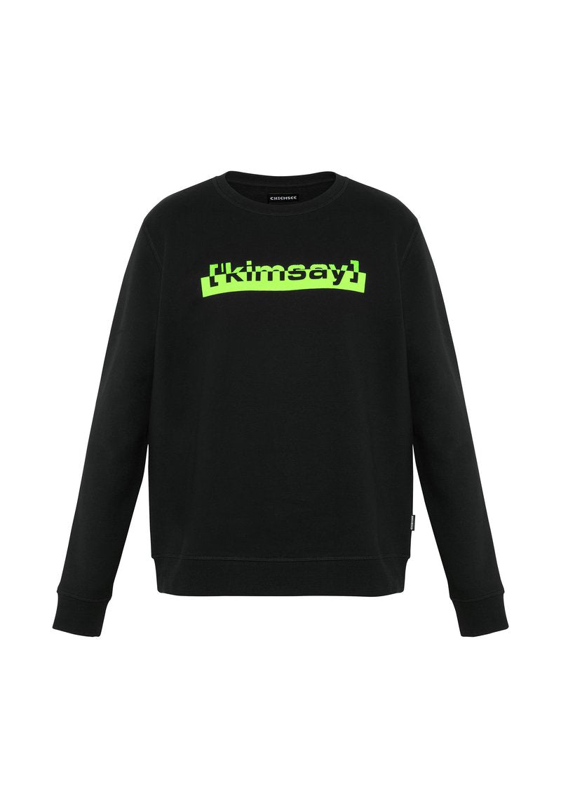 Schwarzes Sweatshirt mit Rundhalsausschnitt, auf der Vorderseite mit einem neon-grünen grafischen Textdesign. Weicher Stoff und gerippte Bündchen.