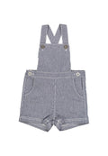 Gestreifte Latzshorts in Marineblau und Weiß mit verstellbaren Trägern, Knopfdetails und seitlichen Taschen. Leichter Stoff, lässiges Design.