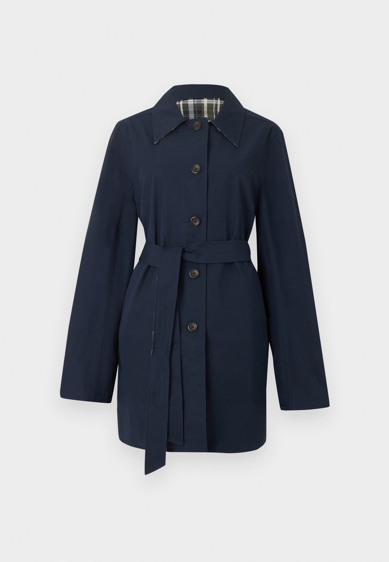 Marineblauer Trenchcoat mit Gürtel, langen Ärmeln, durch Knöpfe zu schließen, spitzem Kragen und kariertem Innenfutter.
