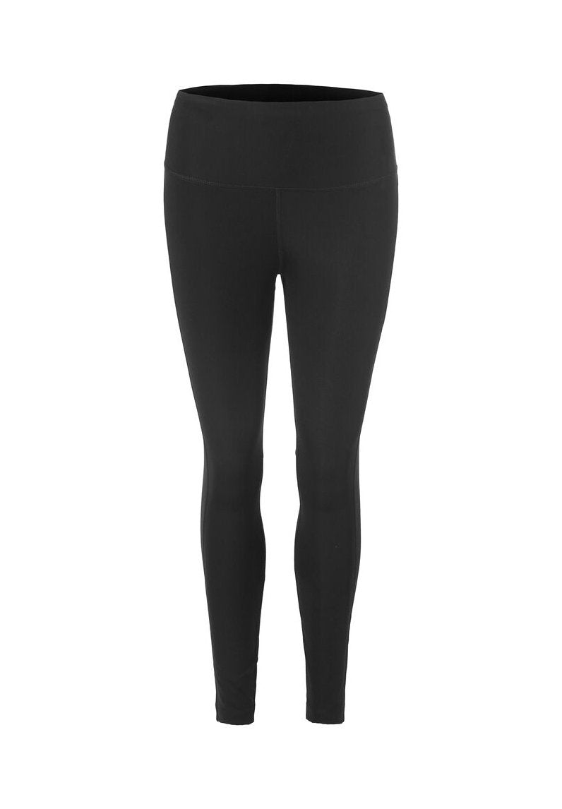 Schwarze Leggings mit hohem Bund, ausgestattet mit einem schlichten Design und einem glatten, dehnbaren Material, ideal für Sportbekleidung oder Freizeit.