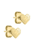 Goldene, herzförmige Ohrstecker mit geometrischen Mustern, ausgestattet mit einem polierten Finish und Steckverschluss.