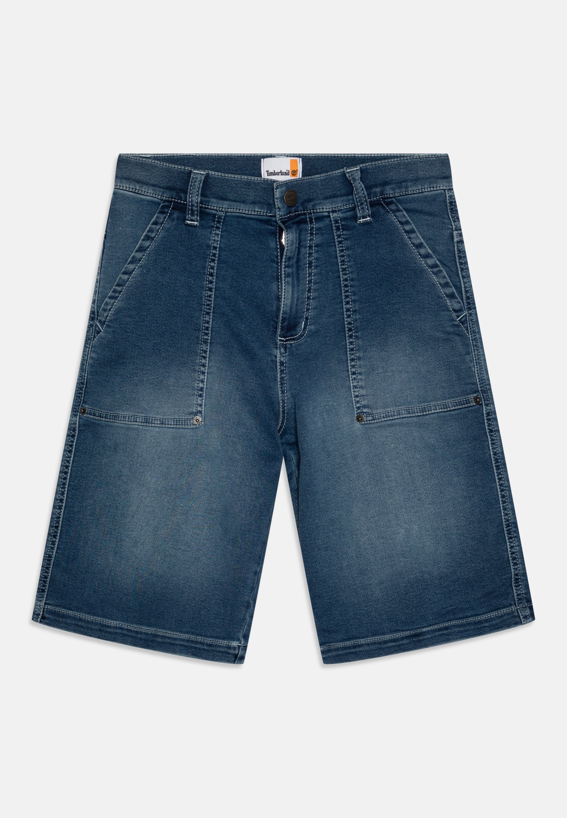 Dunkelblaue Denim-Shorts im lässigen Schnitt, ausgestattet mit zwei Vordertaschen, zwei seitlichen Taschen mit Klappen und einem Reißverschluss.