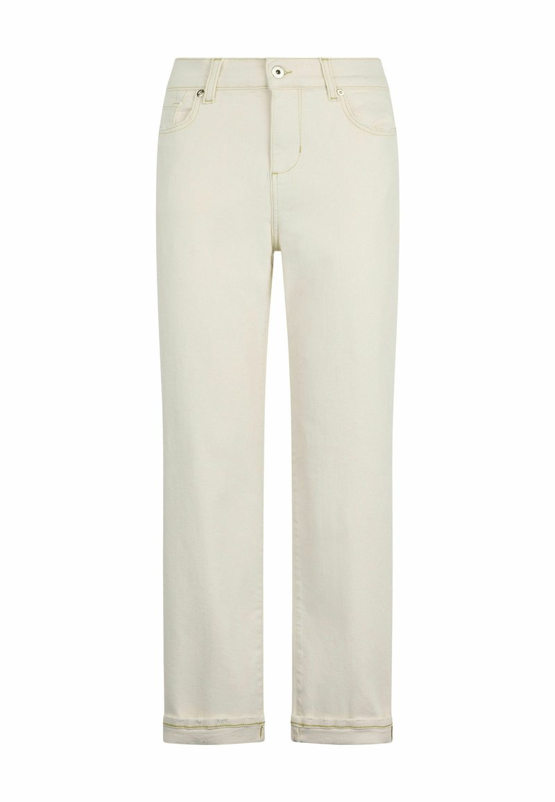 Beige Jeans mit geradem Bein, ausgestattet mit einem Knopfverschluss, fünf Taschen und auffälligen gelben Nähten am Saum.