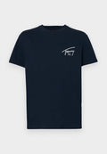 Nav blaues Baumwoll-T-Shirt mit kurzen Ärmeln, Rundhalsausschnitt und einem weißen Logo auf der linken oberen Seite. Glatte Textur, normale Passform.