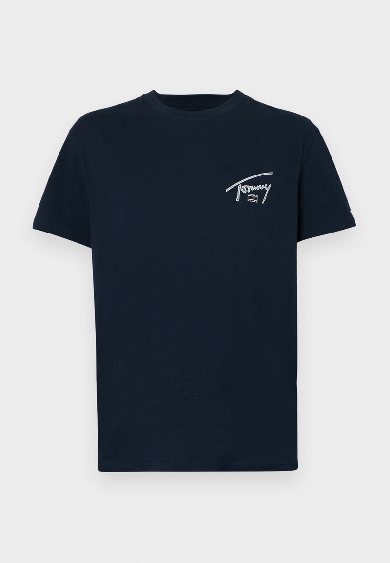 Nav blaues Baumwoll-T-Shirt mit kurzen Ärmeln, Rundhalsausschnitt und einem weißen Logo auf der linken oberen Seite. Glatte Textur, normale Passform.