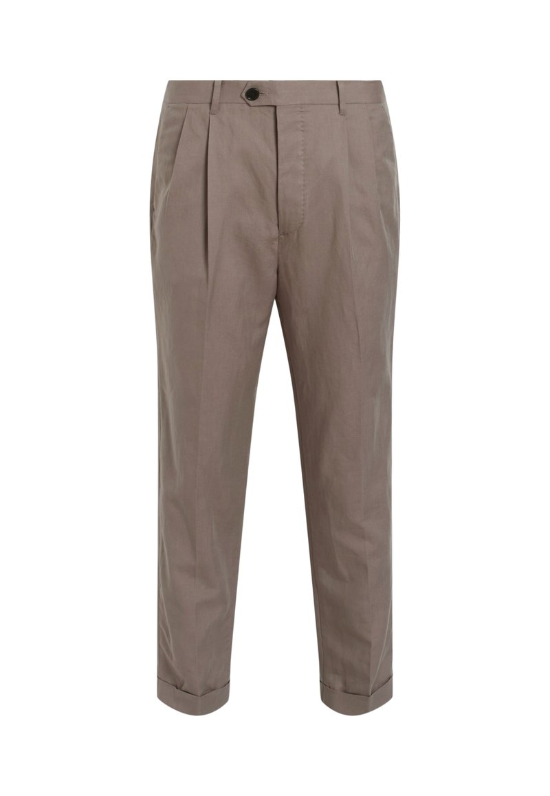 Beige Baumwollhosen mit doppelten Falten, einem Reißverschluss mit Knopfverschluss und umgeschlagenem Saum. Glatte Textur mit einer taillierten Passform.