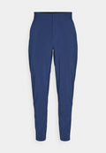 Marineblaue Hose aus glattem Stoff, mit flachem Frontschnitt, schmal zulaufenden Beinen und elastischem Bund. Keine sichtbaren Taschen oder Muster.