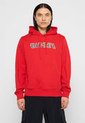 Person mit langen, dunklen Haaren, der einen roten Kapuzenpullover mit einem mehrfarbigen "DIESEL"-Logo und schwarzen Hosen trägt, steht vor einem einfarbigen Hintergrund.