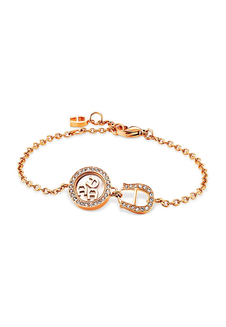 Armband aus Roségold mit Kettendesign, ausgestattet mit einem runden Logo-Anhänger, der von Strasssteinen umgeben ist, und einem dekorativen Verschluss in Form eines Schlosses.