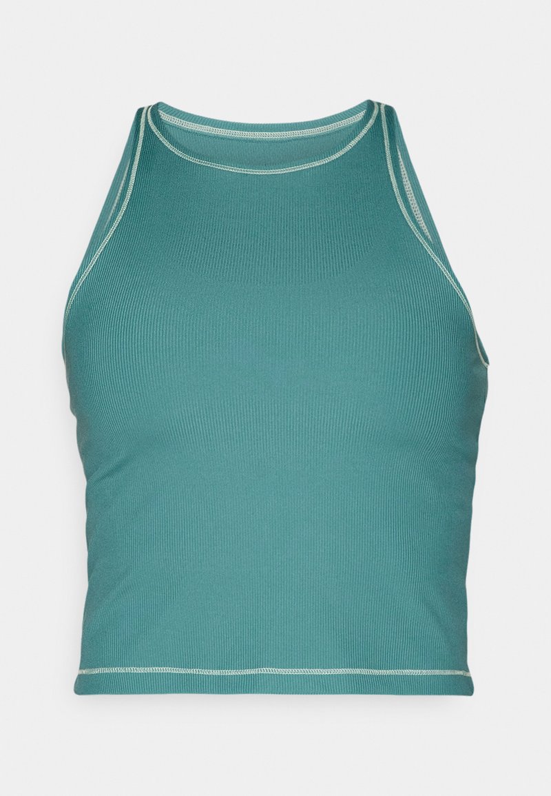 Teal cropped Top aus Rippstoff, mit kontrastierenden hellen Nähten und hohem Ausschnitt. Schlichtes, eng anliegendes Design mit ärmellosem Stil.