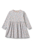 Langärmeliges Kleid aus leichtem Stoff mit floralem Muster in Rosa und Blau, tailliert mit Rundhalsausschnitt.