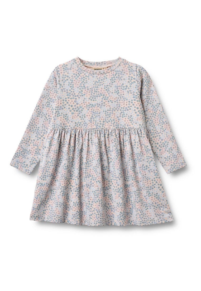Langärmeliges Kleid aus leichtem Stoff mit floralem Muster in Rosa und Blau, tailliert mit Rundhalsausschnitt.