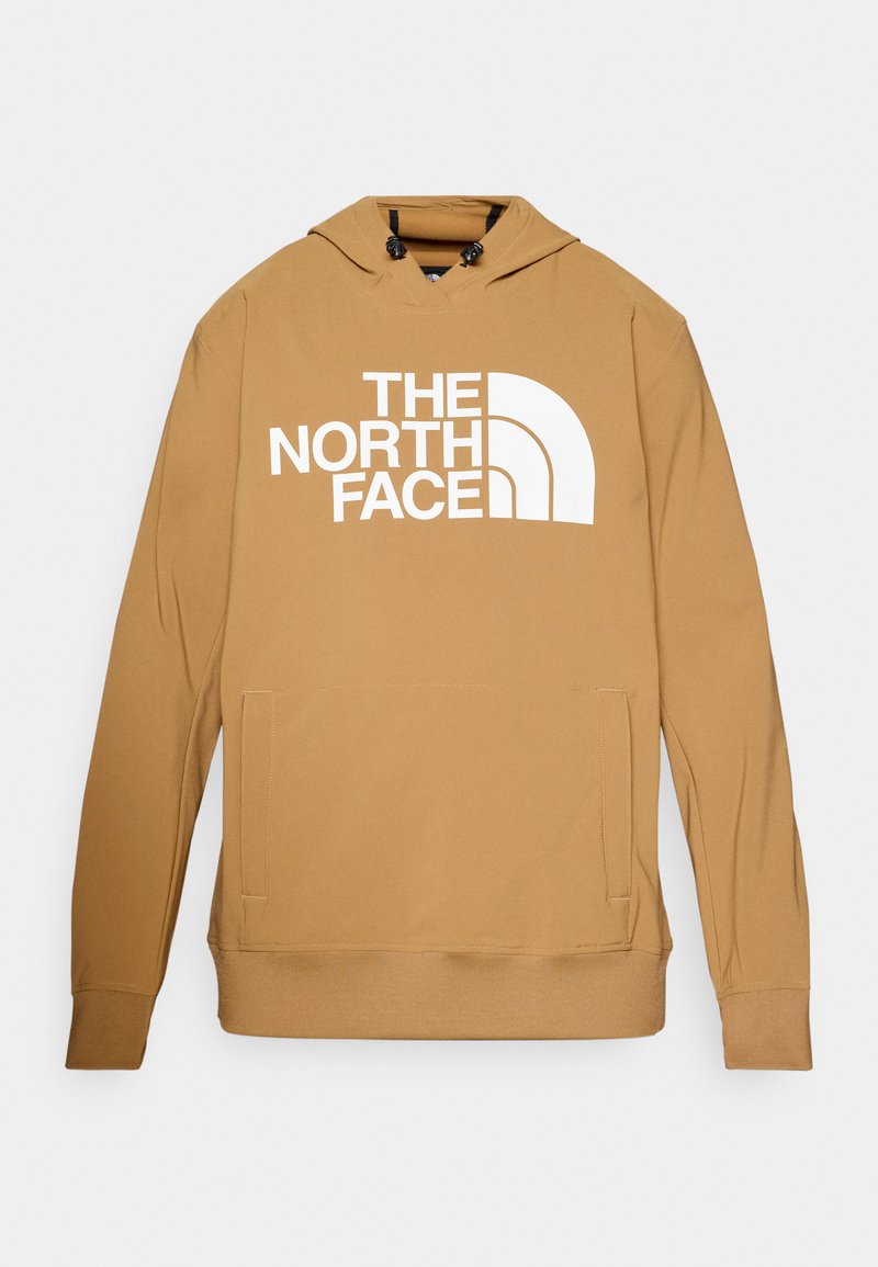 Kapuzenpullover aus hellbraunem Stoff mit einer vorderen Kängurutasche und weißem "THE NORTH FACE"-Logo; verfügt über einen Kordelzug an der Kapuze.