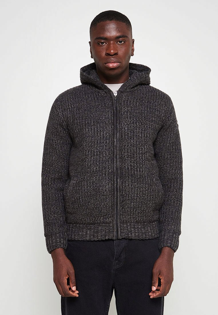 Grauer Reißverschluss-Hoodie aus strukturierter Stoff, mit Kängurutaschen und einer verstellbaren Kapuze. Verfügt über einen taillierten Saum und Bündchen für zusätzliche Wärme.