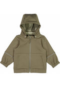 Khakifarbene Kapuzenjacke mit Reißverschluss, elastischen Bündchen, zwei Fronttaschen und reflektierenden Details entlang der Nähte. Weiches, strukturiertes Material.