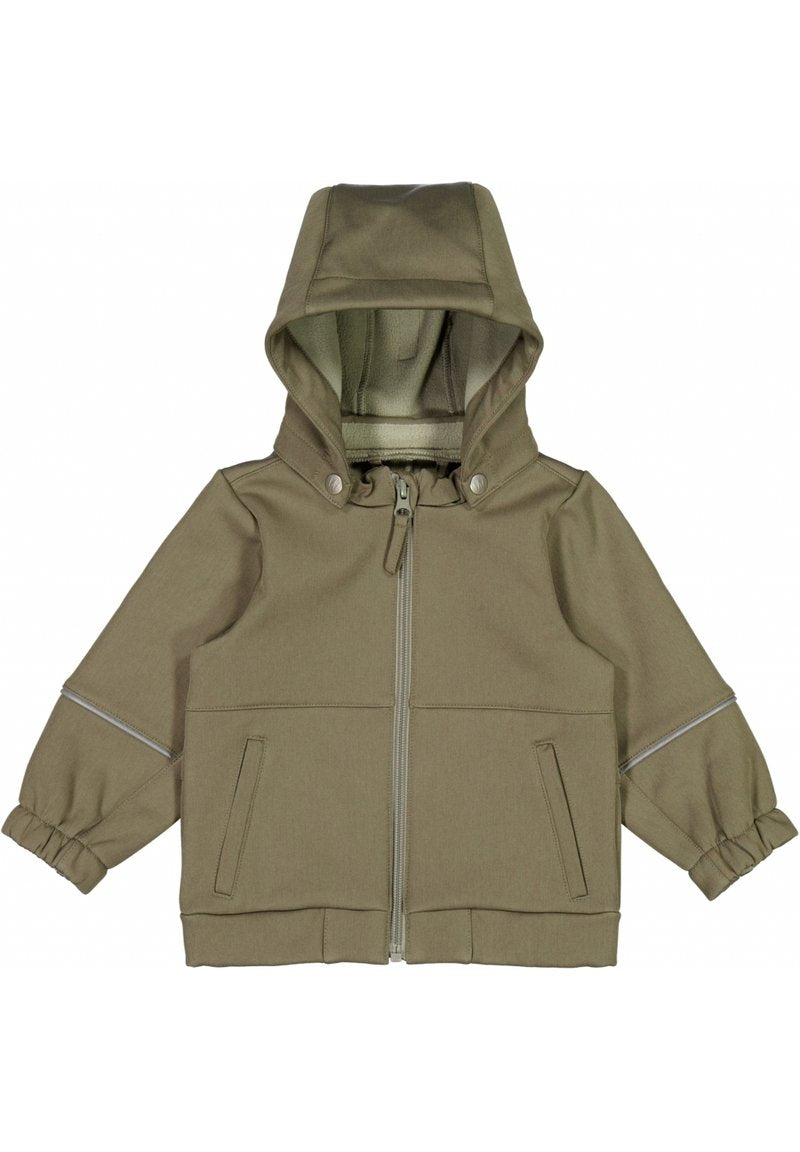 Khakifarbene Kapuzenjacke mit Reißverschluss, elastischen Bündchen, zwei Fronttaschen und reflektierenden Details entlang der Nähte. Weiches, strukturiertes Material.