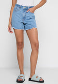 Hellblaue Denim-Shorts mit fransigen Säumen, Five-Pocket-Design und Knopfverschluss. Kombiniert mit strukturierten Sandalen mit Riemendesign.