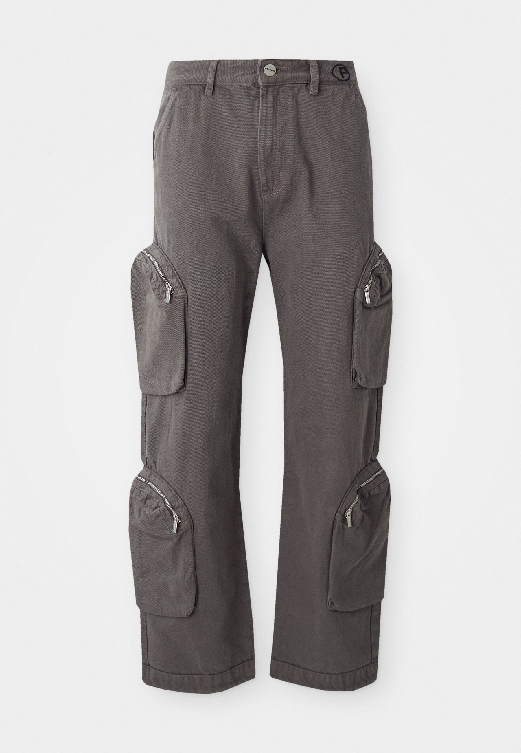 Cargo-Hosen aus dunkelgrauem Stoff, mit mehreren Reißverschlusstaschen an den Seiten, geradem Bein-Design und einem Knopf-Bund.