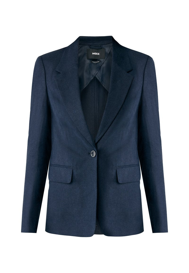 Marineblauer maßgeschneiderter Blazer aus strukturiertem Stoff mit einer Ein-Knopf-Verschluss, mit Reverskragen und zwei vorderen Taschen.