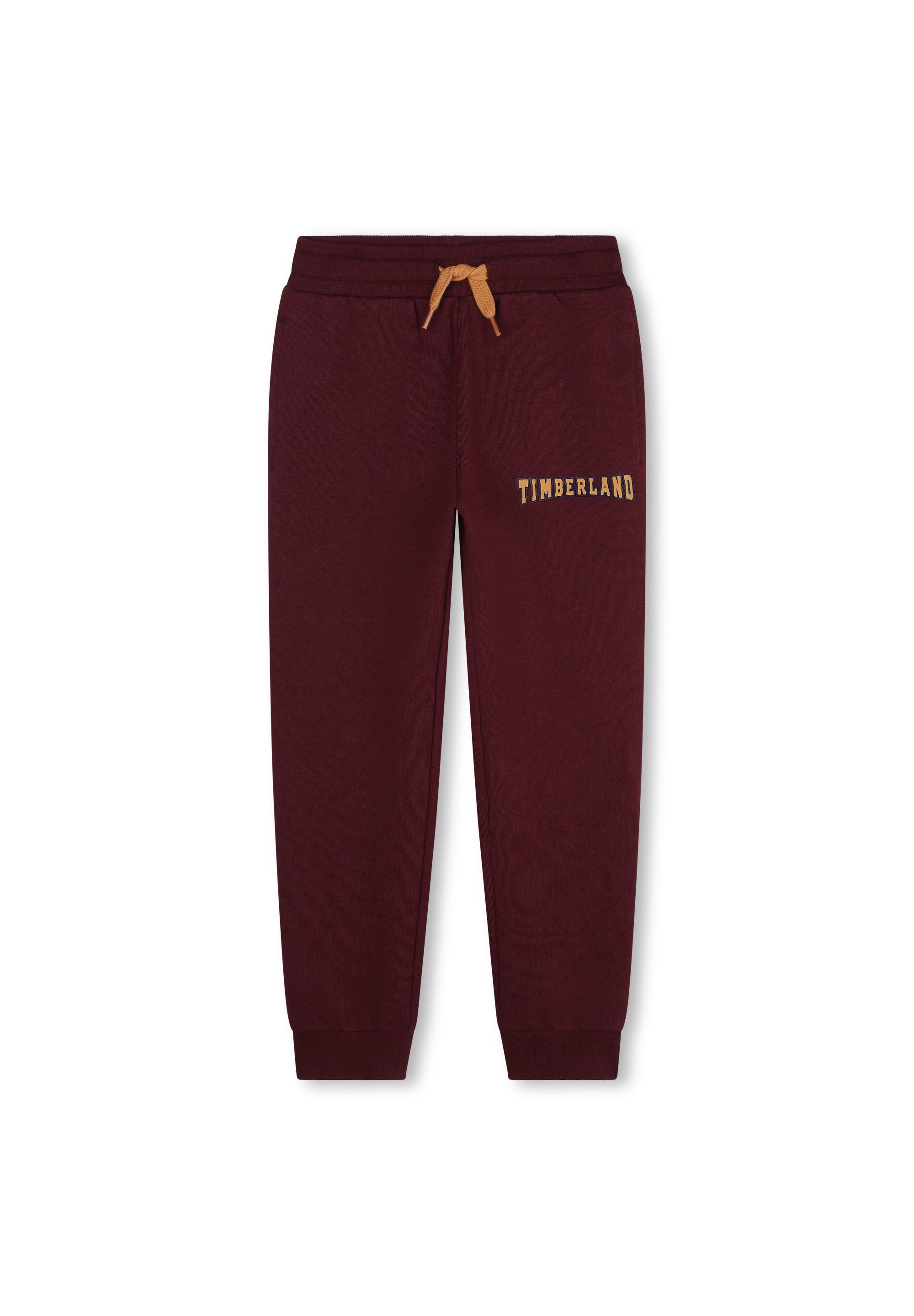 Burgunderfarbene Sweatpants mit elastischem Bund und Zugband, mit einem goldenen "TIMBERLAND"-Logo auf dem Oberschenkel und gerippten Knöcheln.