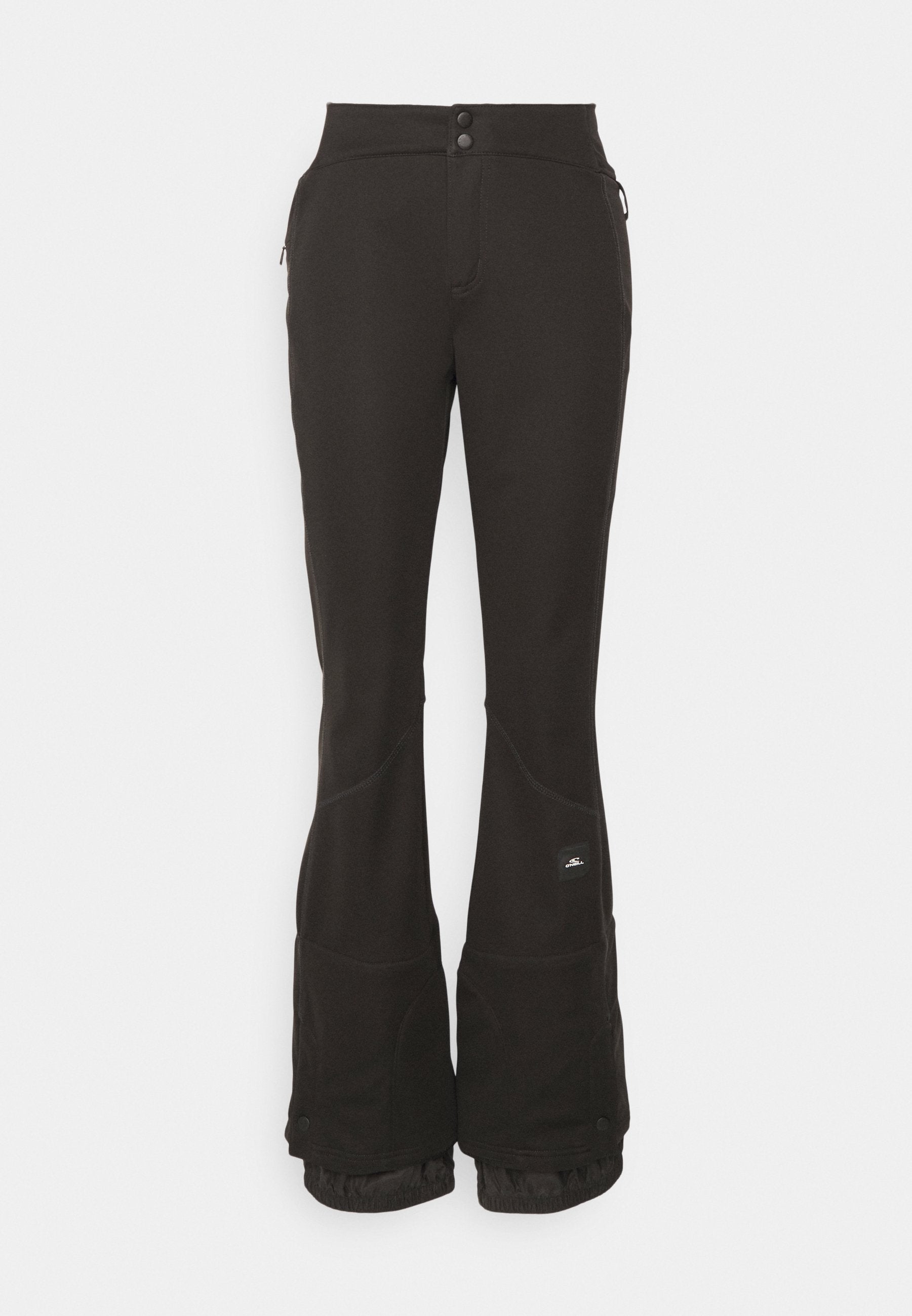 Schwarze Skihosen mit hoher Taille, zwei Knöpfen und seitlichen Reißverschlusstaschen. Der Stoff ist glatt mit einer leicht strukturierten Oberfläche.