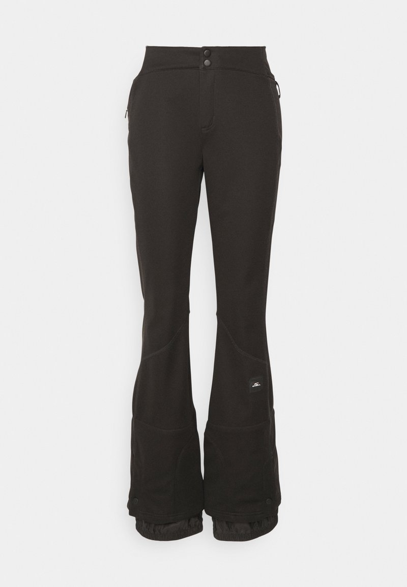 Schwarze Skihosen mit hoher Taille, zwei Knöpfen und seitlichen Reißverschlusstaschen. Der Stoff ist glatt mit einer leicht strukturierten Oberfläche.