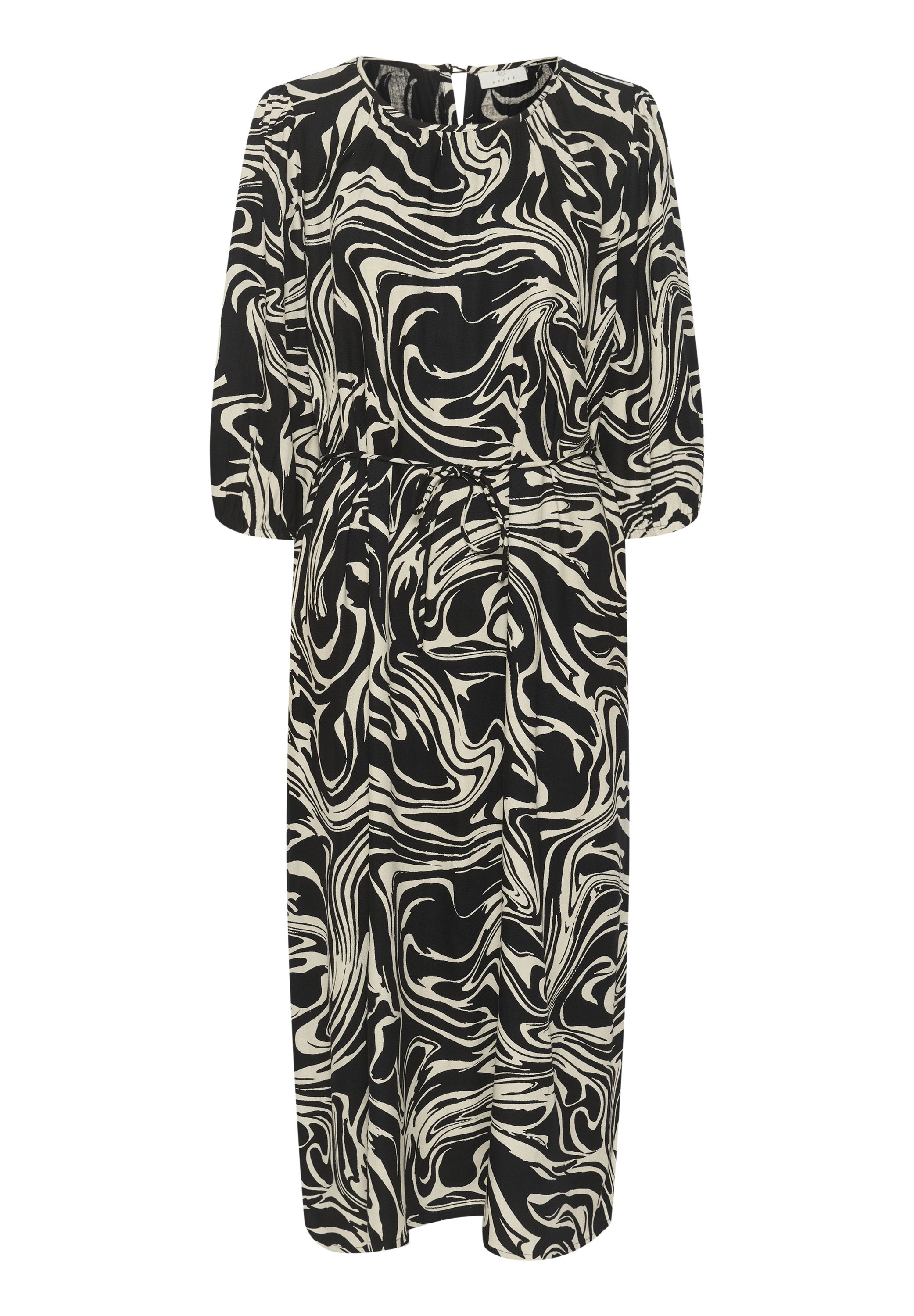 Schwarz-cremefarbenes Kleid in mittlerer Länge mit einem wirbelnden Marmor-Muster, rundem Ausschnitt und dreiviertel Ärmeln mit elastischem Taillenbund.
