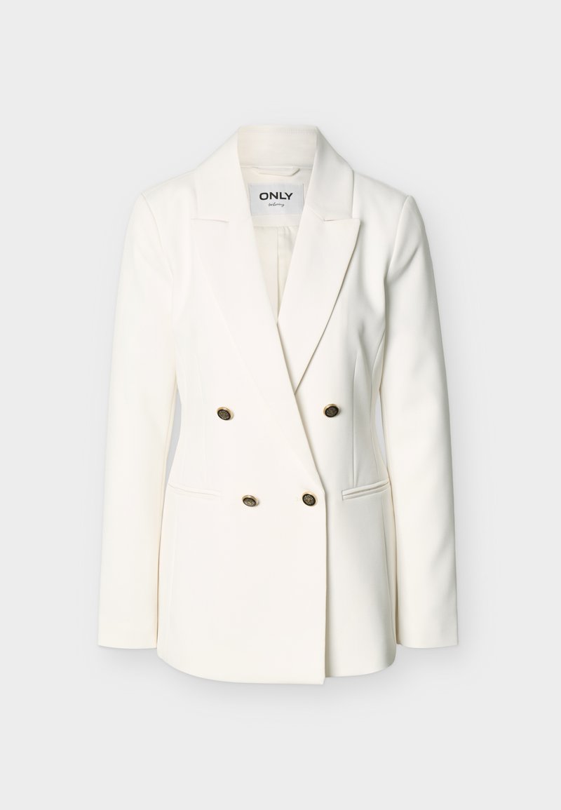 Weißer Doppelreiher-Blazer mit goldenen Knöpfen, gekerbten Revers, langen Ärmeln und zwei Fronttaschen, dargestellt auf hellem Hintergrund.