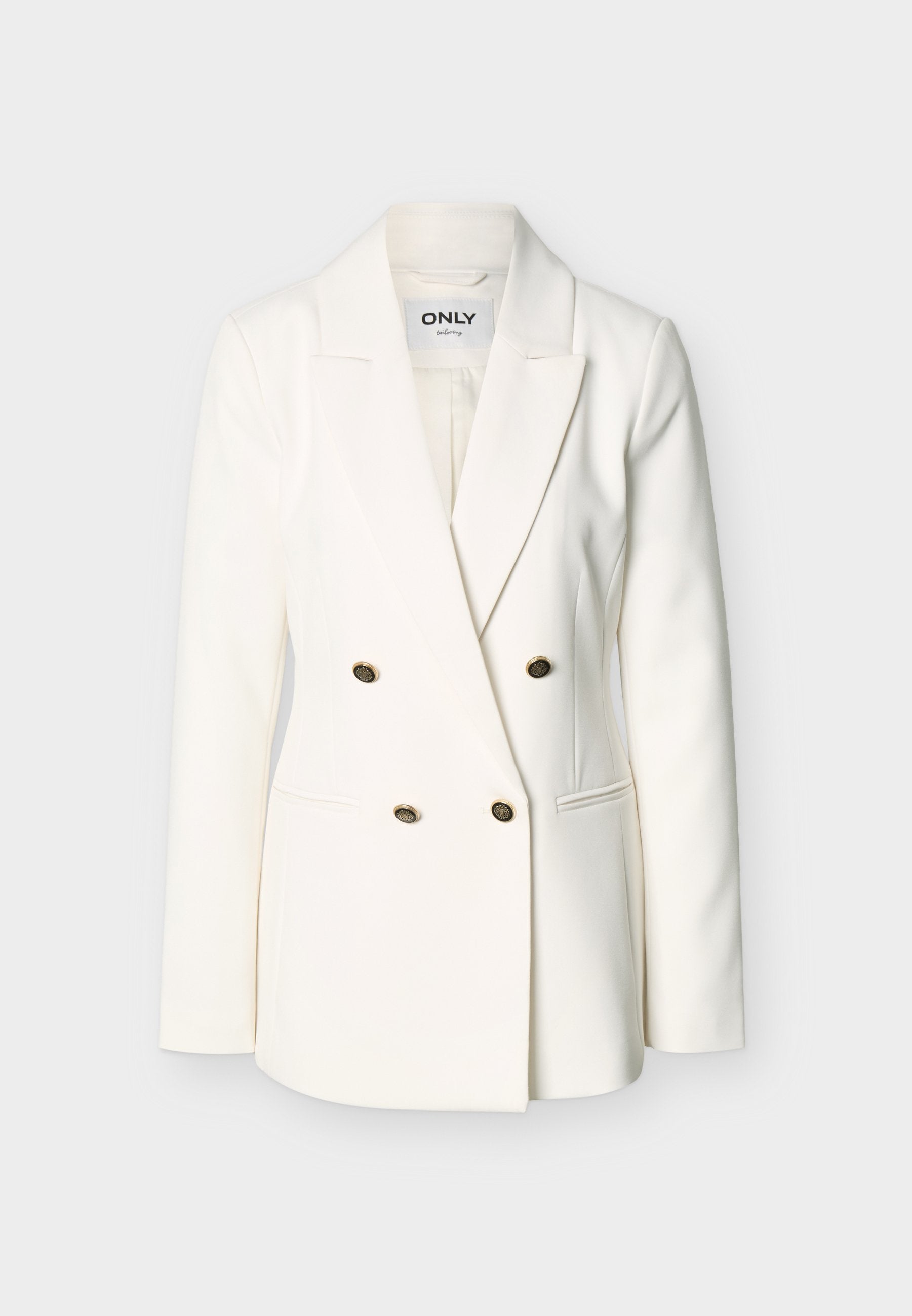 Weißer Doppelreiher-Blazer mit goldenen Knöpfen, gekerbten Revers, langen Ärmeln und zwei Fronttaschen, dargestellt auf hellem Hintergrund.