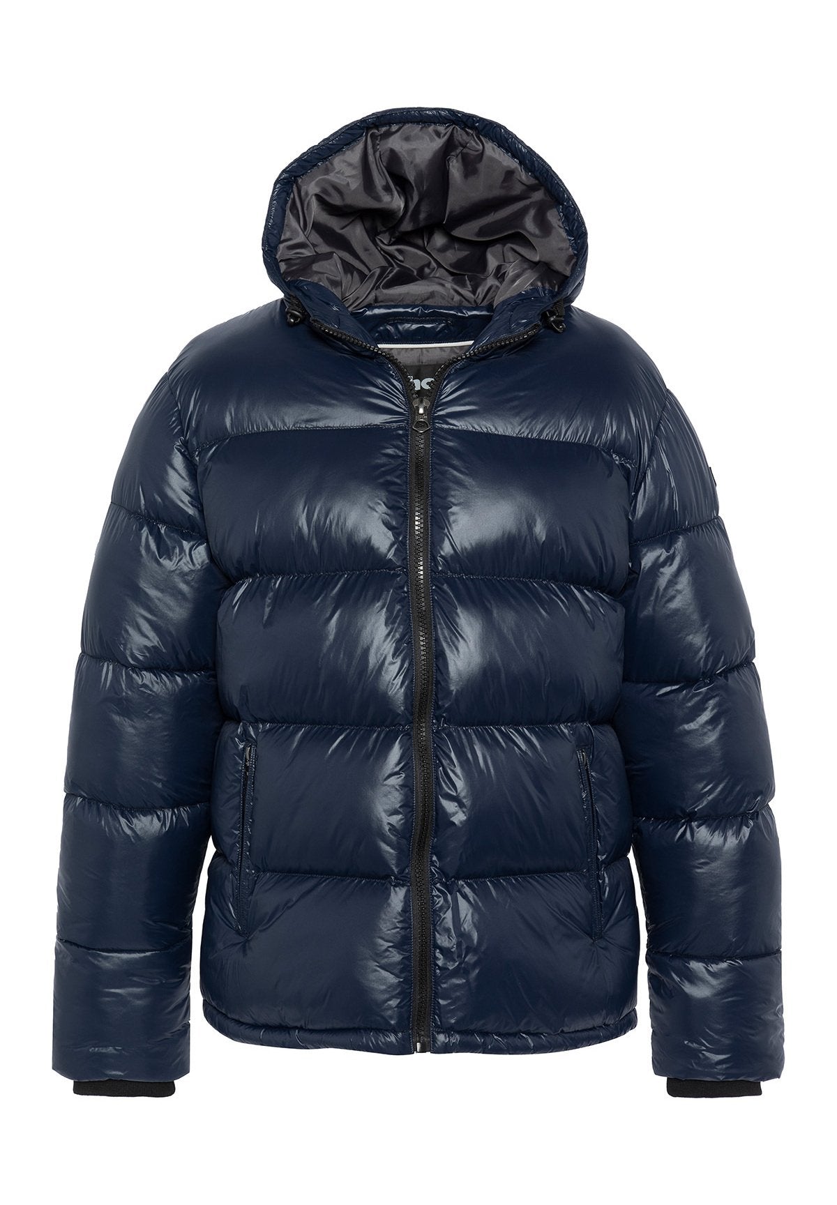 Marineblaue Steppjacke mit glänzender Oberfläche, Kapuze, Frontreißverschluss und zwei Seitentaschen. Gepolsterte Bereiche sorgen für eine strukturierte Optik.