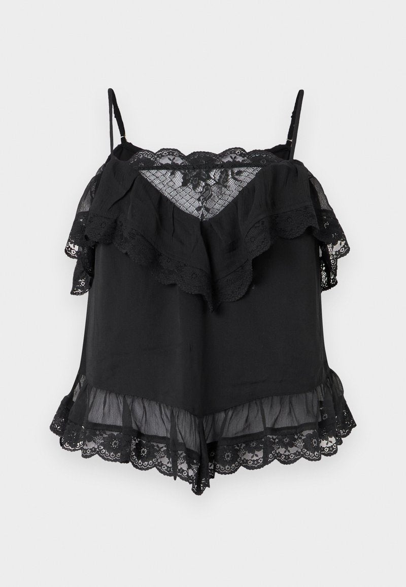 Schwarzes Camisole mit geschichteten Rüschen und Spitzenakzenten. Hergestellt aus leichtem Stoff mit Spaghetti-Trägern und einem gewellten Spitzenabschluss.