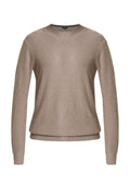 Beige Strickpullover mit langen Ärmeln, rundem Ausschnitt, strukturiertem Stoff und geripptem Saum. Schlichtes Design ohne zusätzliche Muster oder Akzente.