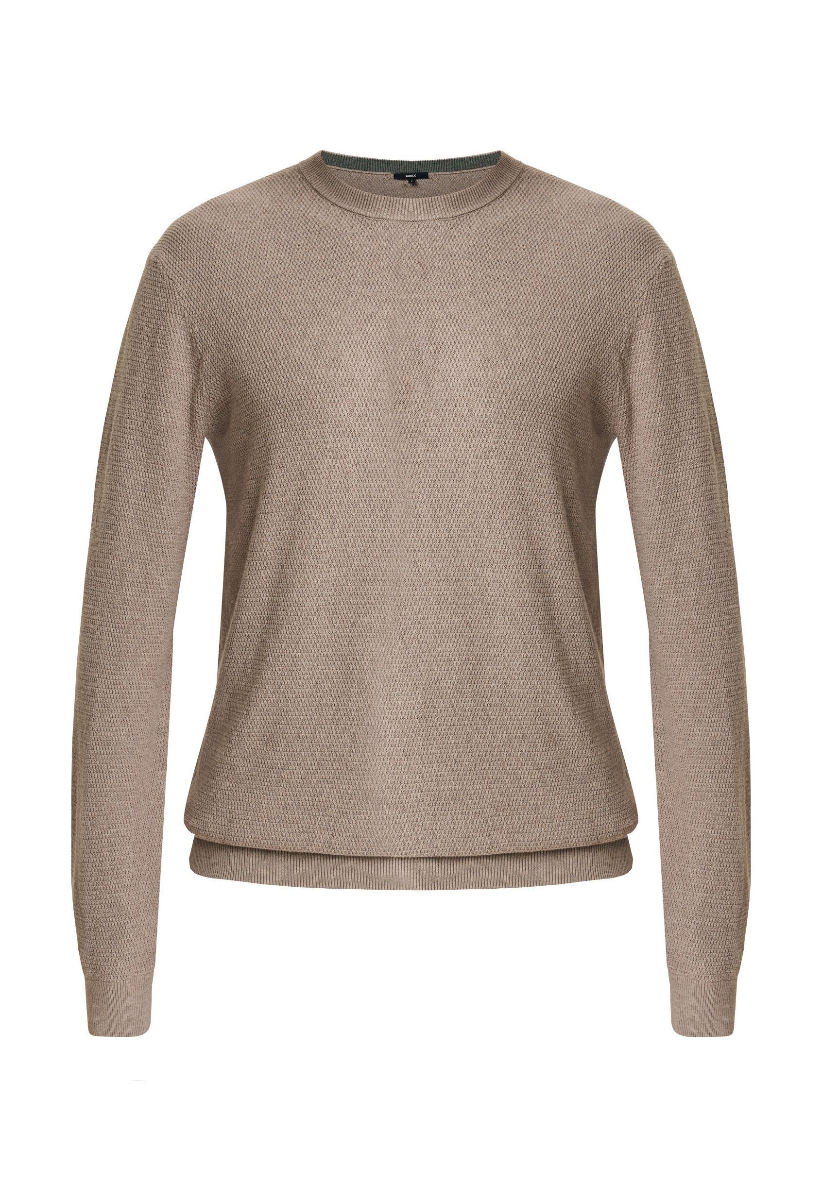 Beige Strickpullover mit langen Ärmeln, rundem Ausschnitt, strukturiertem Stoff und geripptem Saum. Schlichtes Design ohne zusätzliche Muster oder Akzente.