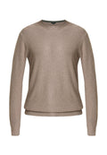 Beige Strickpullover mit langen Ärmeln, rundem Ausschnitt, strukturiertem Stoff und geripptem Saum. Schlichtes Design ohne zusätzliche Muster oder Akzente.