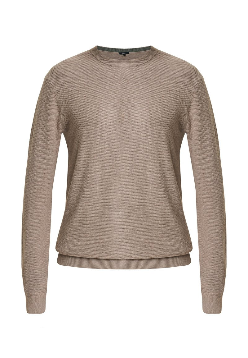 Beige Strickpullover mit langen Ärmeln, rundem Ausschnitt, strukturiertem Stoff und geripptem Saum. Schlichtes Design ohne zusätzliche Muster oder Akzente.