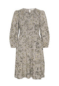 Grau gemustertes Kleid mit langen Puffärmeln, einem gerafften Oberteil und einem Bindegürtel in der Taille. Rückenteil mit Schlüsselloch-Ausschnitt.