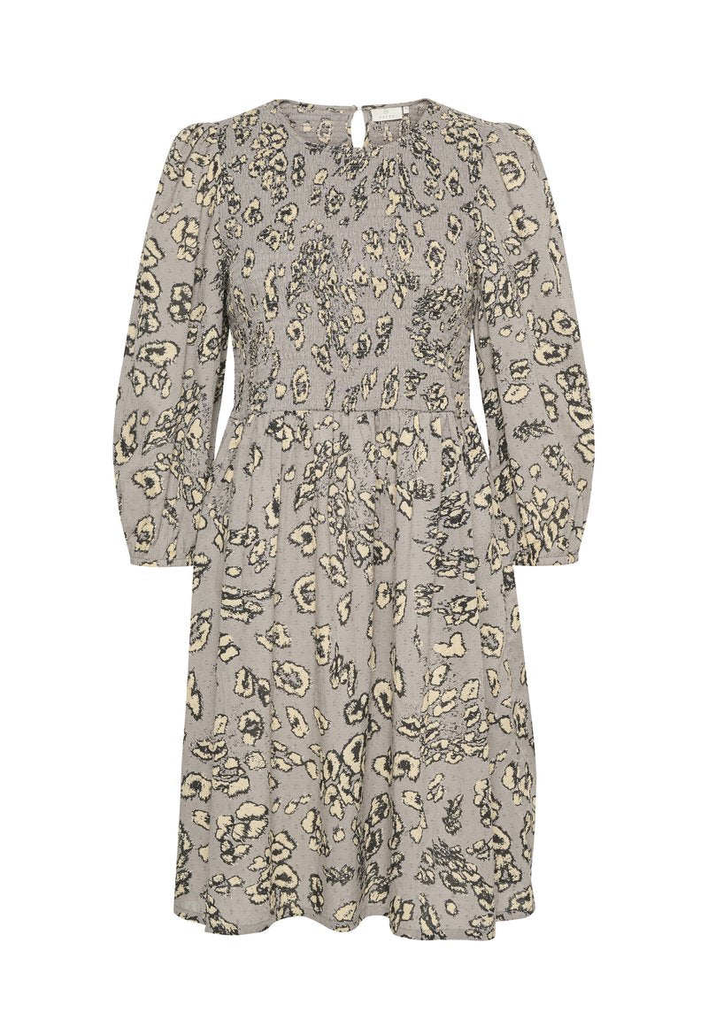 Grau gemustertes Kleid mit langen Puffärmeln, einem gerafften Oberteil und einem Bindegürtel in der Taille. Rückenteil mit Schlüsselloch-Ausschnitt.