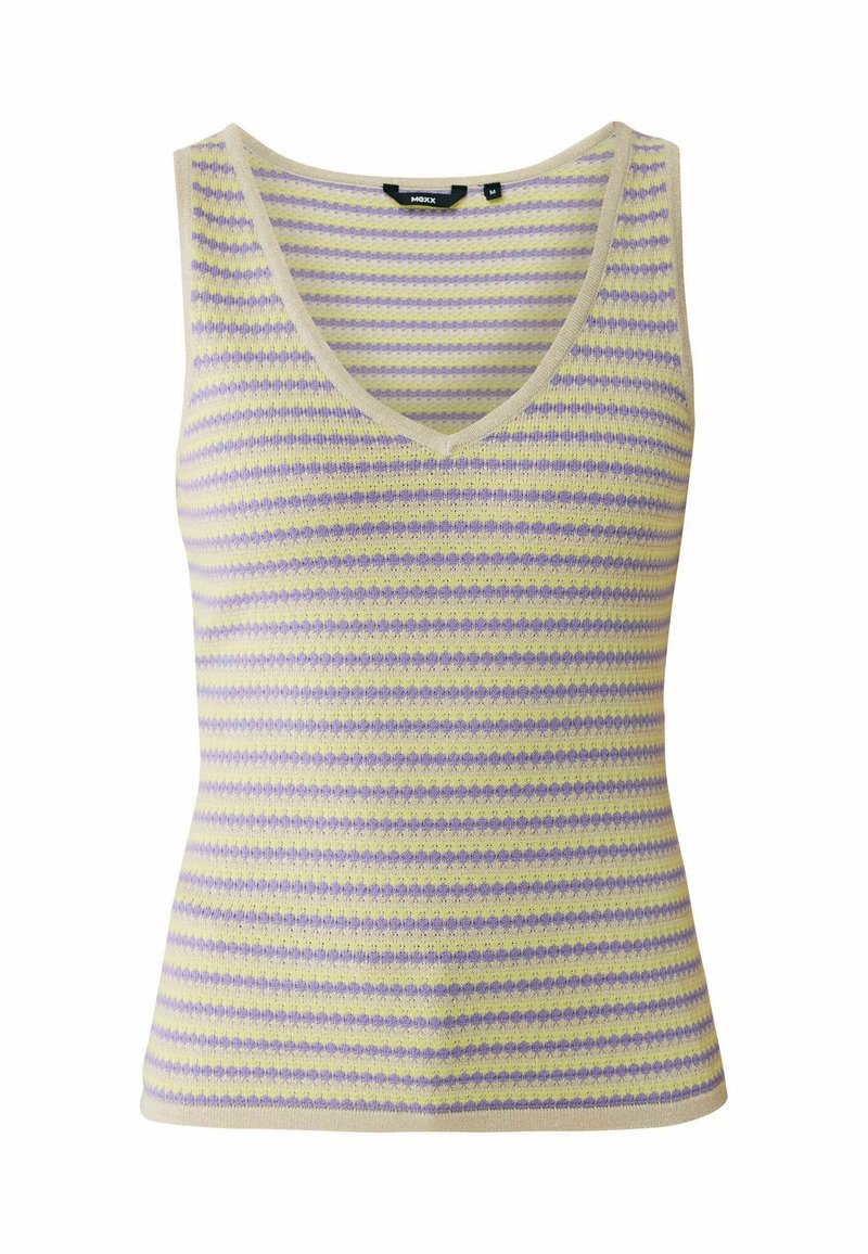 Stricktanktop in Creme mit senkrechten Streifen in Lavendel und Gelb. Verfügt über einen tiefen V-Ausschnitt und eine figurbetonte Silhouette. Weiche Textur.