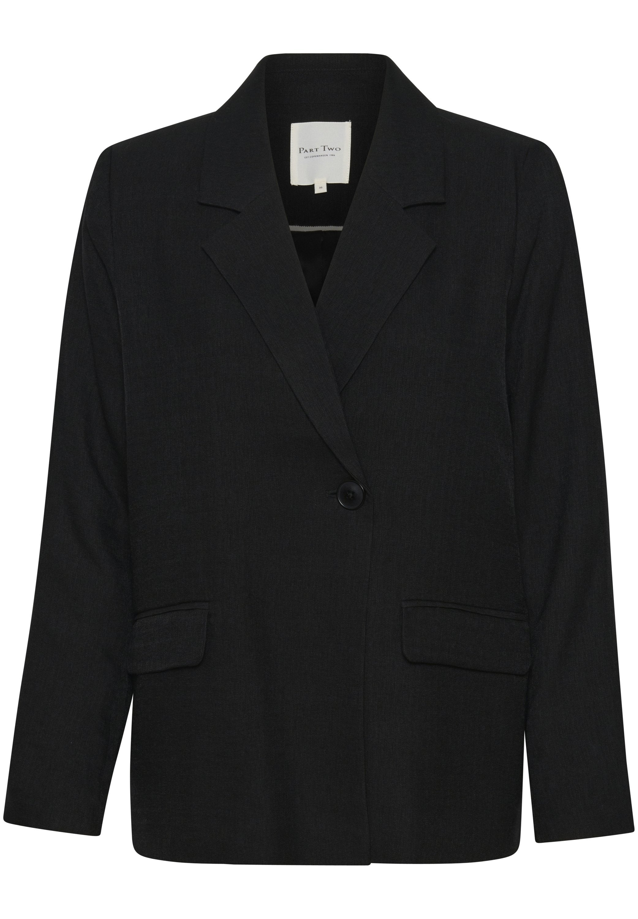 Schwarzer Blazer aus strukturiertem Stoff, mit Reverskragen, einem Knopfverschluss, zwei Vordertaschen und langen Ärmeln.
