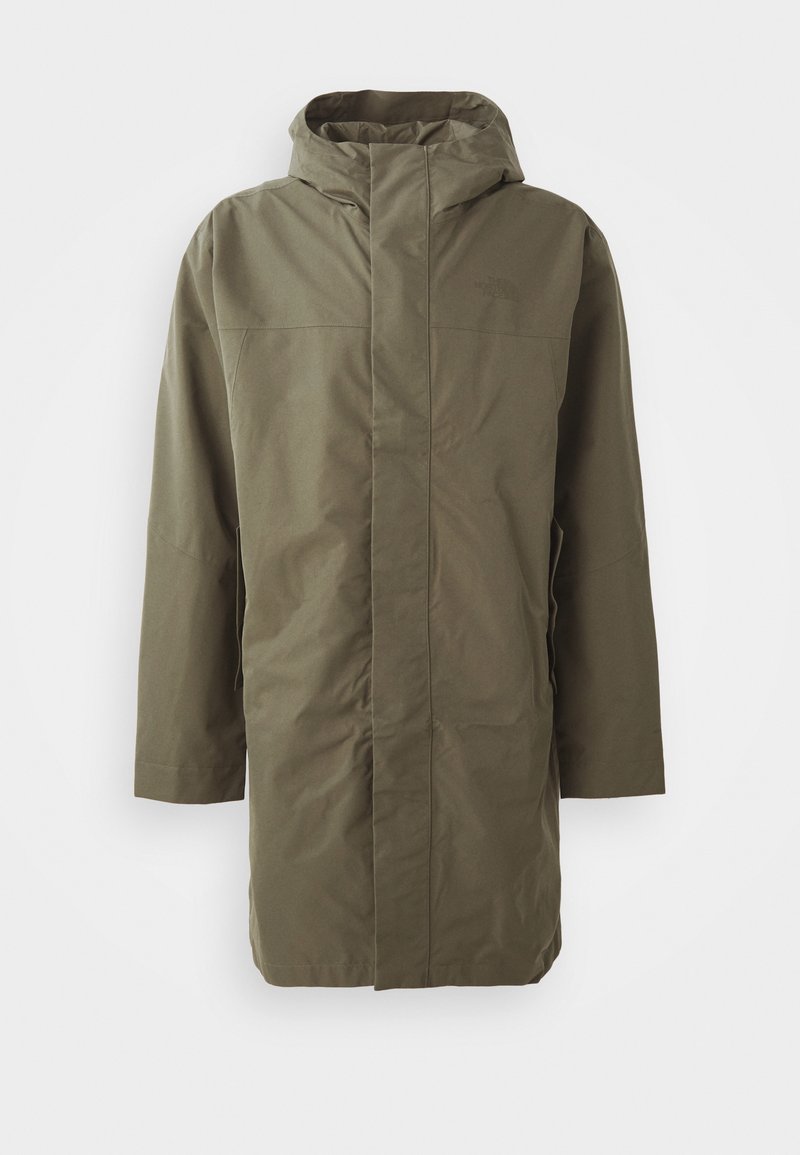 Olivgrüne wasserdichte Jacke mit Kapuze, langen Ärmeln, geradem Schnitt und verdecktem Frontverschluss. Weiche Textur und minimalistisches Design.