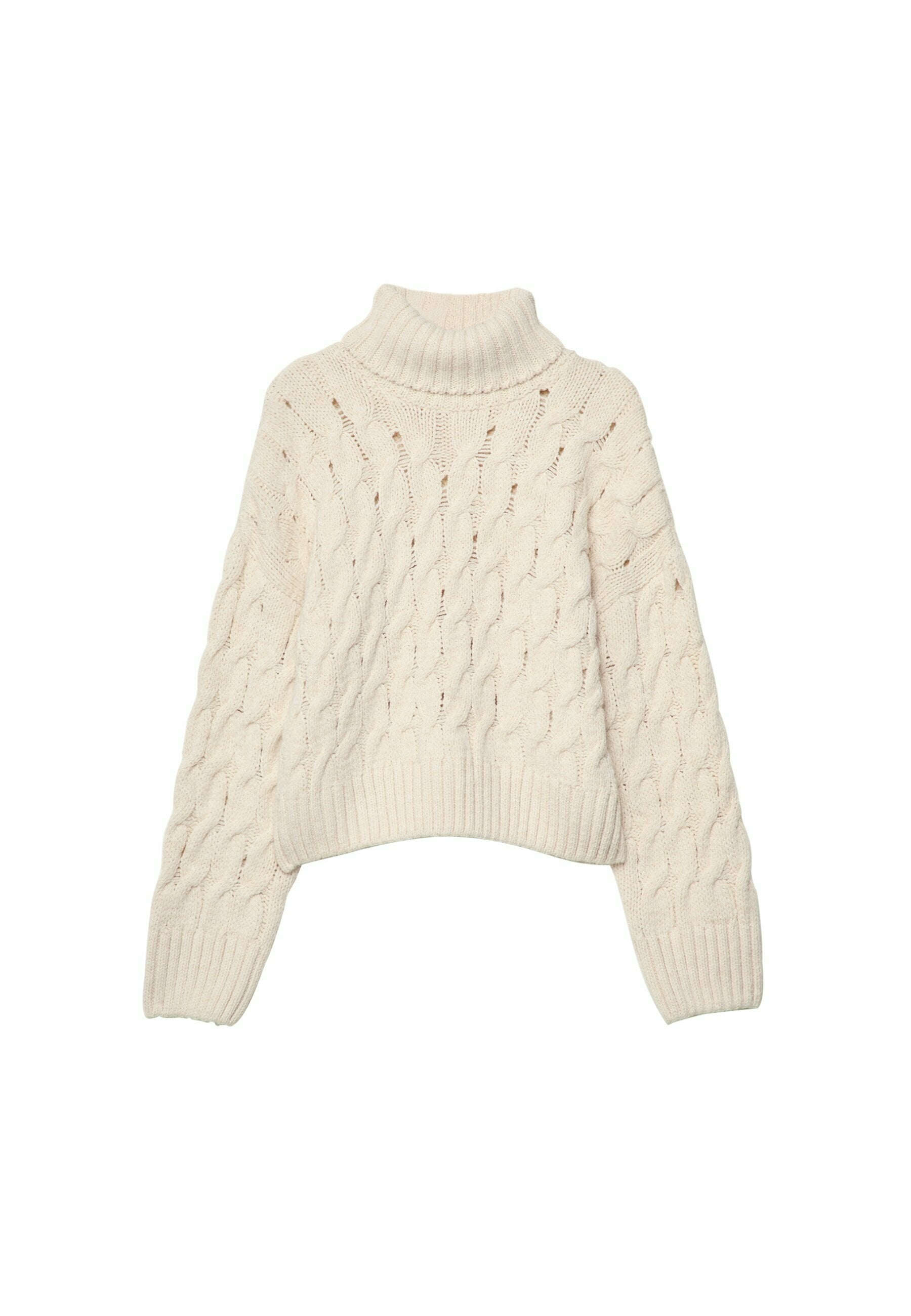 Kabelstrick-Pullover in Off-White mit hohem Kragen, gerippten Bündchen und Saum. Verfügt über ein strukturiertes, warmes Strickmuster. Kurze Länge.