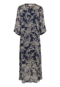 Navy-blaues, durchsichtiges Maxikleid mit dreiviertellangen Glockenärmeln, das ein florales Muster in hellbeige und subtile Perlenakzente aufweist.