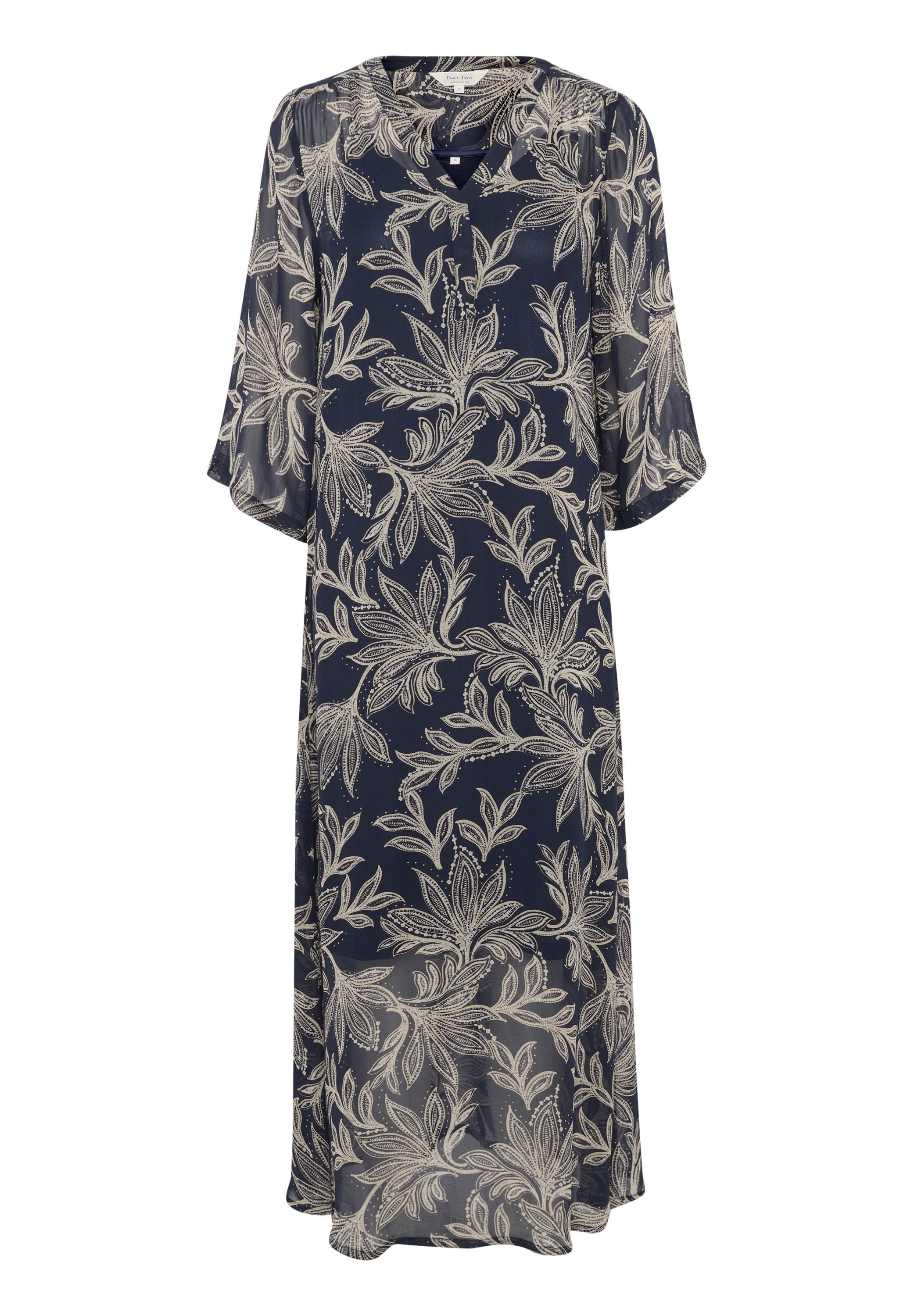 Navy-blaues, durchsichtiges Maxikleid mit dreiviertellangen Glockenärmeln, das ein florales Muster in hellbeige und subtile Perlenakzente aufweist.