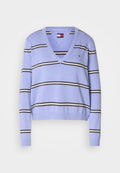Hellblauer V-Ausschnitt-Pullover mit horizontalen Schwarz- und Weißstreifen, gerippten Bündchen und einem kleinen Logo auf der oberen linken Seite.