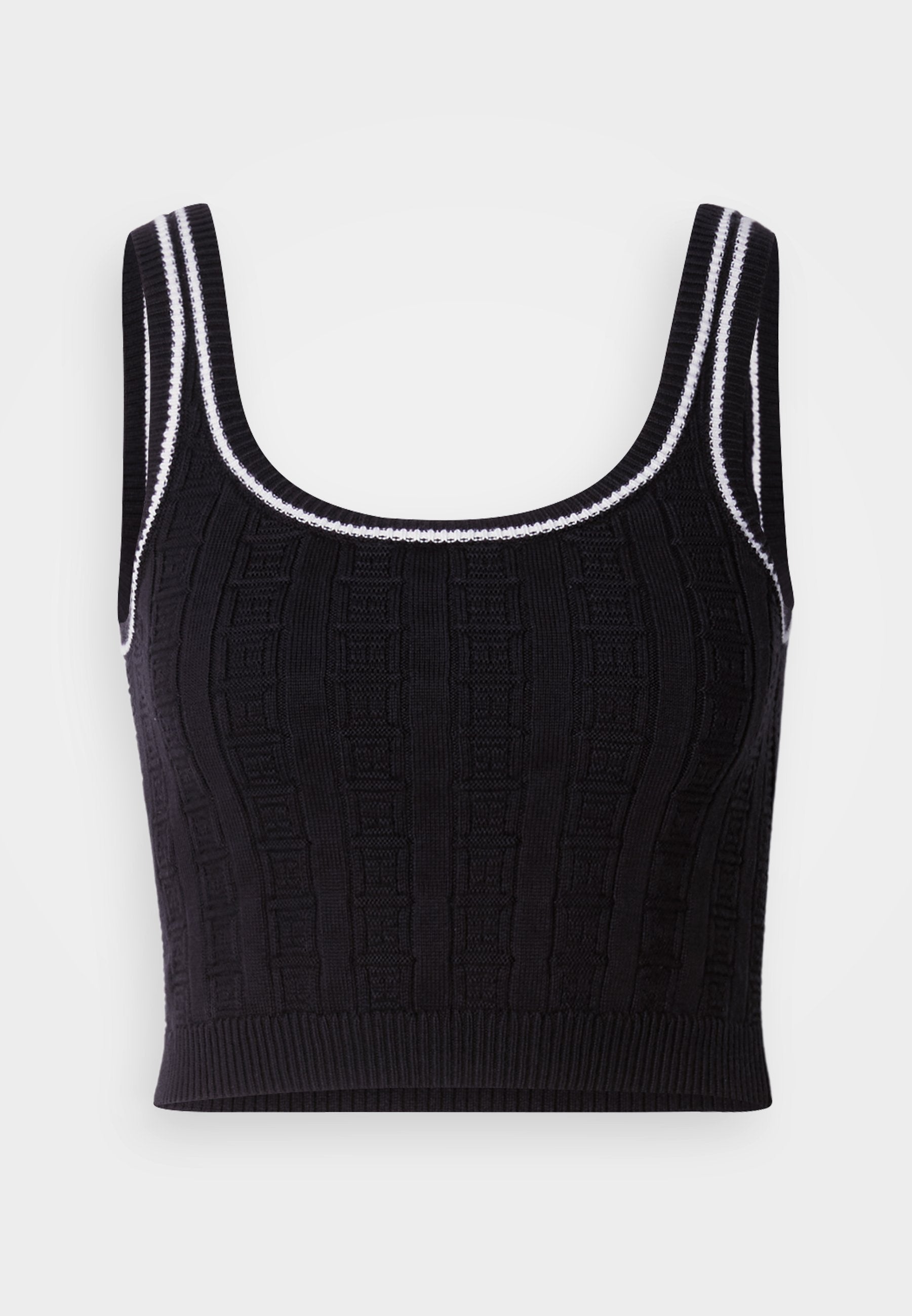 Schwarzes, gestricktes Crop-Top mit strukturiertem Muster, eckigem Ausschnitt und kontrastierendem weißen Besatz an Trägern und Saum.