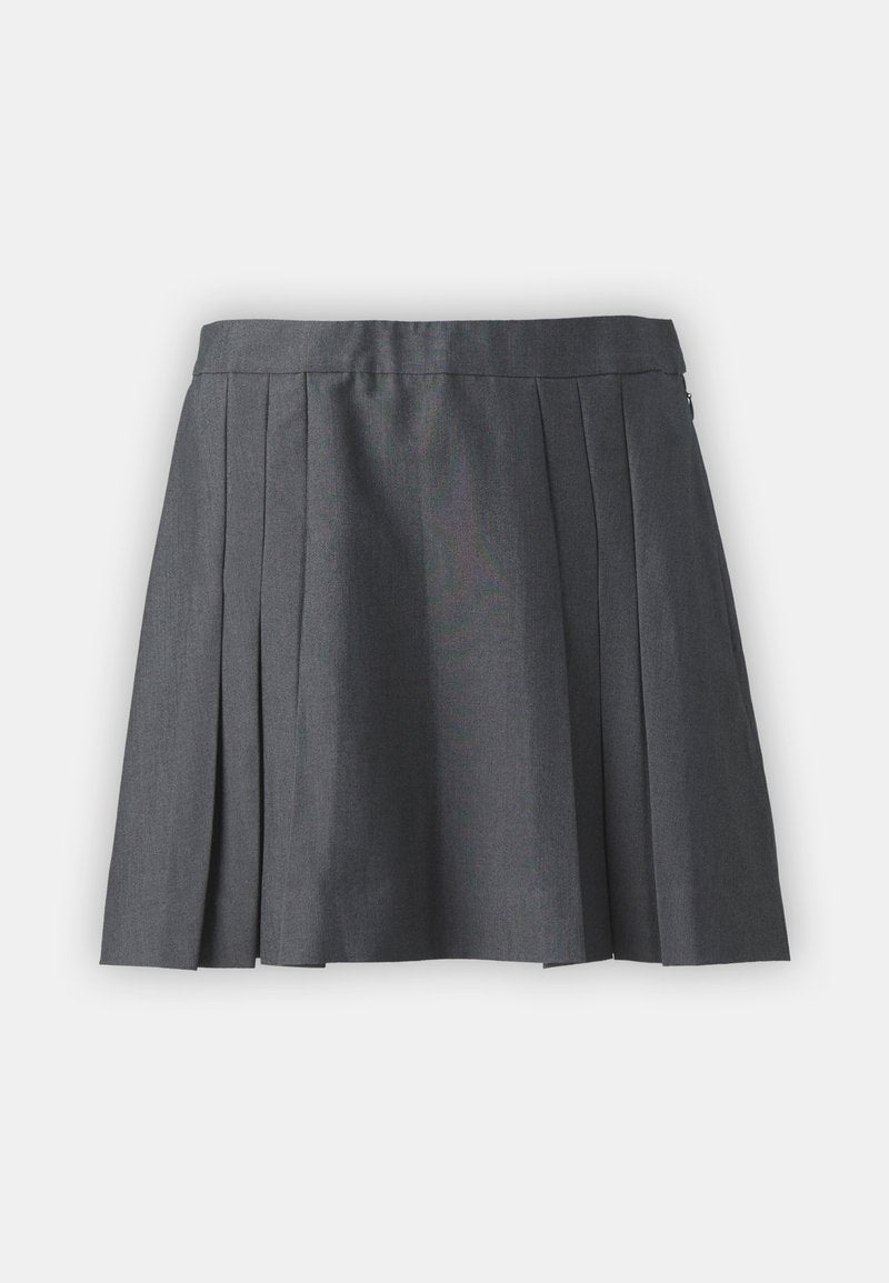 Grauer plissierter Rock aus strukturiertem Stoff, mit einem Bund und verdecktem Reißverschluss. Verfügt über gleichmäßig verteilte Falten für einen strukturierten Look.