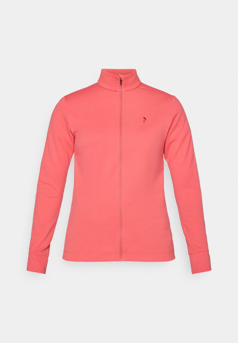 Korallenfarbene Zip-Jacke mit hohem Kragen, aus glattem Stoff gefertigt. Sie hat lange Ärmel und ein kleines Logo auf der linken Brust.